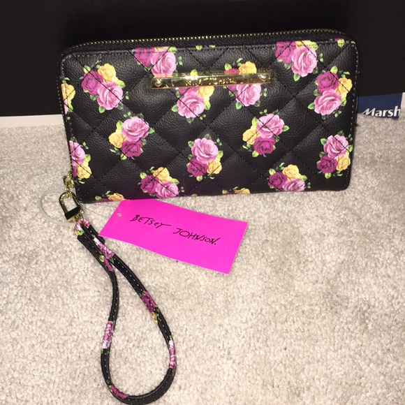 NEW Betsey Johnson Black Wristlet Wallet Zip Around White Bow Saffiano Free Ship